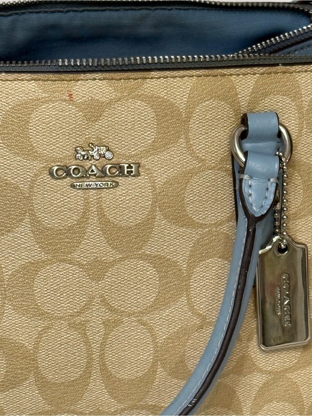 Coach mini Surrey Beige Signature Bag with Light Blue Trim and silver details